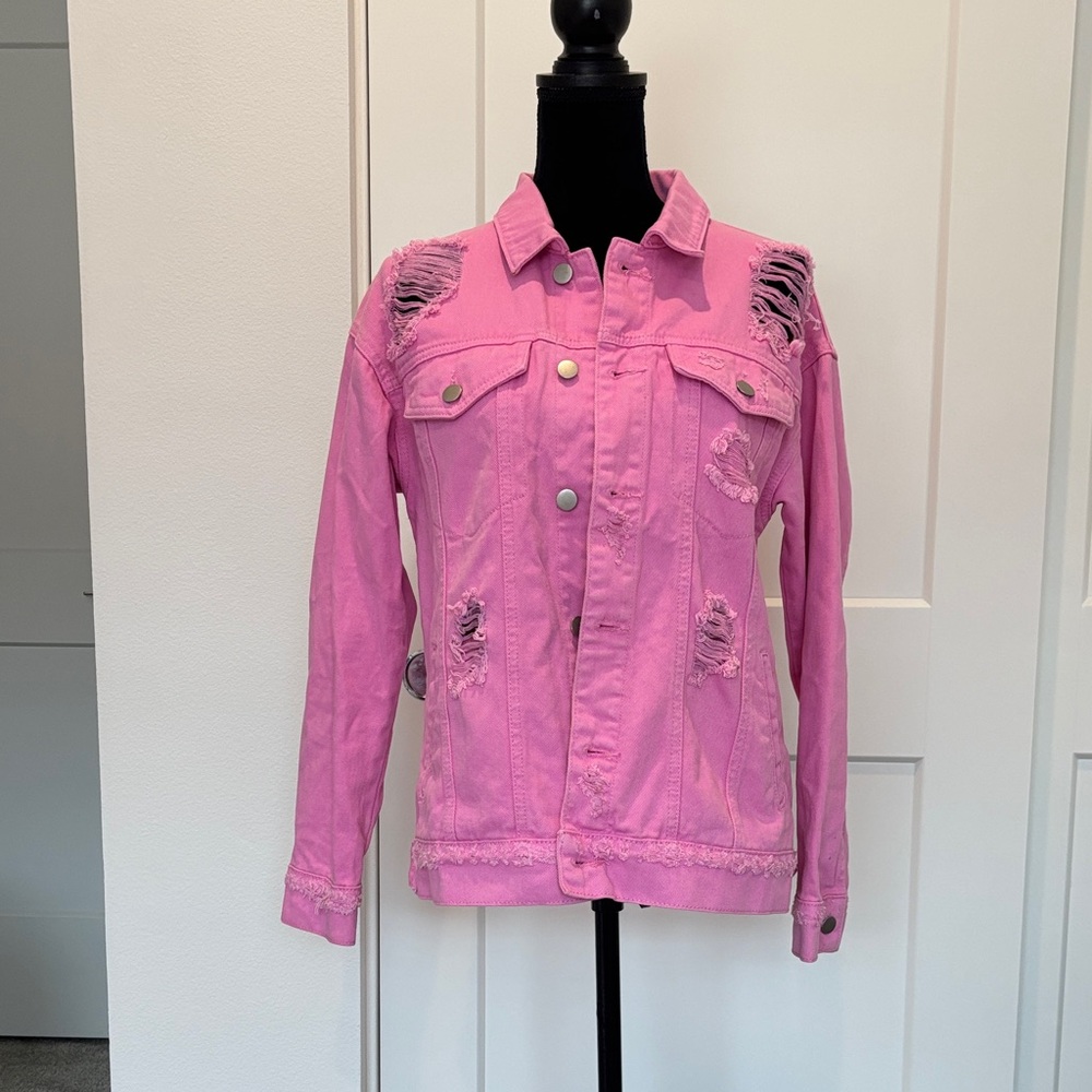 Bubble Gum Pink Distressed Denim Jacket Forever 21